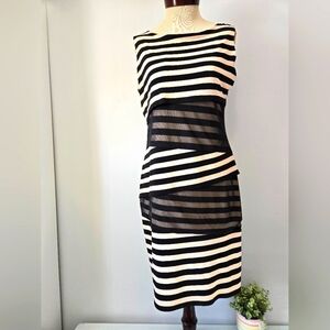 JOSEPH RIBKOFF Black and Cream Striped Dress. Size 12